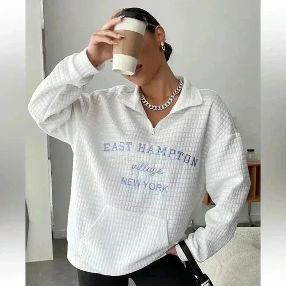 Oversized White EAST HAMPTONS Embroidered Half Zip Drop Shoulder Sweatshirt XS - Picture 15 of 15